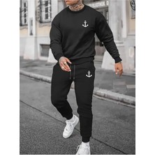 Erkek Bisiklet Yaka Çapa Baskılı Alt Üst Siyah Eşofman Takımı Oversize Ünisex Boyfirend