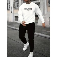 Erkek Bisiklet Yaka Milano Baskılı Alt Üst Siyah Eşofman Takımı Oversize Ünisex Boyfirend