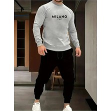 Erkek Bisiklet Yaka Milano Baskılı Alt Üst Siyah Eşofman Takımı Oversize Ünisex Boyfirend