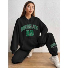 Brooklyn 89 Baskılı Siyah Kapüşonlu Alt Üst Takım Siyah Oversize Kadın Eşofman Takımı