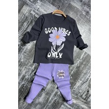 Miniğimin Cicileri Good Wibes Çiçek Desen Fitilli Kız Çocuk taytlı takım - Mor