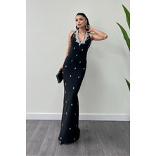 Atlas Kumaş Taş Detaylı Boyundan Bağlama Abiye Elbise - Siyah