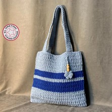 Uretti - Emine 9106 El Örgüsü Çiçek Motifli Mavi Kol Çantası
