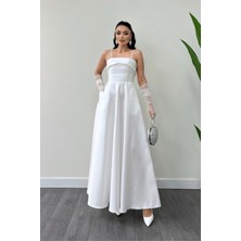 Giyimmasalı Tafta Saten Kumaş Askılı Abiye Elbise - Beyaz