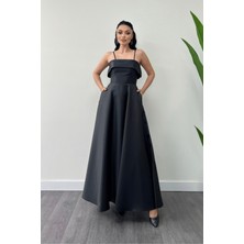 Giyimmasalı Tafta Saten Kumaş Askılı Abiye Elbise - Siyah