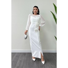 Üst Şifon Alt Atlas Kumaş Çiçek Detaylı Abiye Elbise - Beyaz