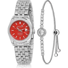 Polo Air Mercan Takvimli Kadın Kol Saati Zirkon Taşlı Yuvarlak Bileklik Kombin Gümüş Kırmızı Renk PL-1519B6