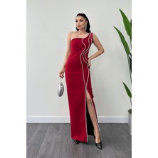 Atlas Kumaş Taşlı Şerit Detaylı Abiye Elbise - Kırmızı