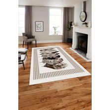Napoli Home Baskılı Modern Kuş Tüyü Desen Yıkanabilir Kaymaz Yolluk Mutfak Salon Halısı, Modern-149-Kahve,