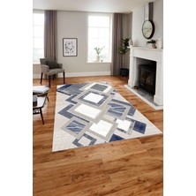 Napoli Home Baskılı Modern Kare Desenli Yıkanabilir Kaymaz Yolluk Mutfak Salon Halısı, Modern-122-Lacivert,
