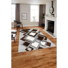 Napoli Home Baskılı Modern Kare Desenli Yıkanabilir Kaymaz Yolluk Mutfak Salon Halısı, Modern-122-Kahve,