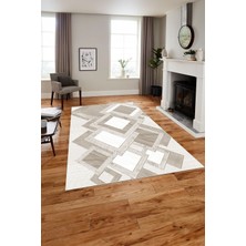 Napoli Home Baskılı Modern Kare Desenli Yıkanabilir Kaymaz Yolluk Mutfak Salon Halısı, Modern-122-Bej,