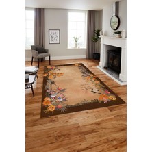 Napoli Home Baskılı Modern Çiçek Motifli Yıkanabilir Kaymaz Yolluk Mutfak Salon Halısı, Modern-150-Kahve,