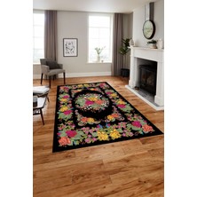 Napoli Home Baskılı Modern Klasik Çiçek Model Yıkanabilir Kaymaz Yolluk Mutfak Salon Halısı, Modern-152-Siyah,