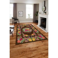 Napoli Home Baskılı Modern Klasik Çiçek Model Yıkanabilir Kaymaz Yolluk Mutfak Salon Halısı, Modern-152-Kahve,