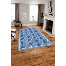 Napoli Home Baskılı Modern Çerçeveli Kupa Desen Yıkanabilir Kaymaz Yolluk Mutfak Salon Halısı, MODERN-169-MAVİ,