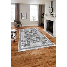 Napoli Home Baskılı Modern Çerçeveli Çiçekli Yıkanabilir Kaymaz Yolluk Mutfak Salon Halısı, MODERN-209-GRİ,