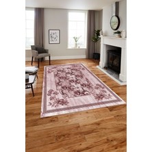 Napoli Home Baskılı Modern Çerçeveli Çiçekli Yıkanabilir Kaymaz Yolluk Mutfak Salon Halısı, MODERN-209-PEMBE,