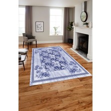 Napoli Home Baskılı Modern Çerçeveli Çiçekli Yıkanabilir Kaymaz Yolluk Mutfak Salon Halısı, MODERN-209-LACİVERT,