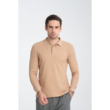 Frappoli Gavix Erkek Bej %100 Pamuk Damla Örgülü Çekmeyen Esneyen Kumaş Slim Fit Uzun Kol Polo Tişört
