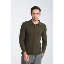 Frappoli Gavix Erkek Haki %100 Pamuk Damla Örgülü Çekmeyen Esneyen Kumaş Slim Fit Uzun Kol Polo Tişört