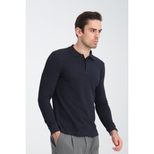 Frappoli Gavix Erkek Lacivert %100 Pamuk Damla Örgülü Çekmeyen Esneyen Kumaş Slim Fit Uzun Kol Polo Tişört