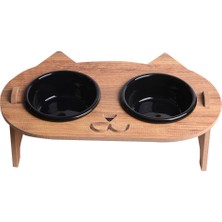Kedi Mama Standı - Ahşap MDF - Eğimli Kedi Kafa Modeli - 2'li - Seramik Beyaz Kase - 2*400ml