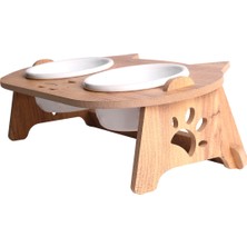 RealWood Kedi Mama Standı (8 mm Mdf)( Eğimli Kedi Modeli )(Beyaz Seramik Kase - 2*400ml)