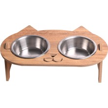 RealWood Kedi Su ve Mama Kabı Standı (8 mm Mdf)( Eğimli Kedi Modeli )(Çelik Kase - 2*350ml)