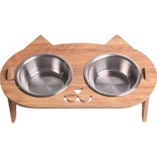 RealWood Kedi Su ve Mama Kabı Standı (8 mm Mdf)( Eğimli Kedi Modeli )(Çelik Kase - 2*350ml)