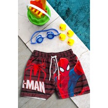 Erkek Çocuk Kırmızı Spiderman Baskılı Bel Bağcıklı Deniz Şortu