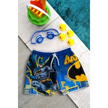 Erkek Çocuk Lacivert Batman Baskılı Bel Bağcıklı Deniz Şortu