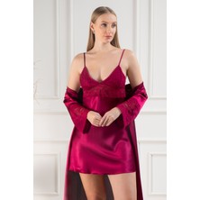 Lunoche Nightwear Kadın Güpür Dantel Detaylı Saten Çeyizlik Ikili Gecelik Sabahlık Takımı