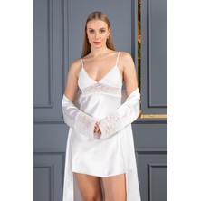 Lunoche Nightwear Kadın Güpür Dantel Detaylı Saten Çeyizlik Ikili Gecelik Sabahlık Takımı