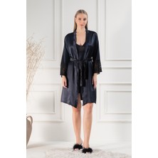 Lunoche Nightwear Kadın Güpür Dantel Detaylı Saten Çeyizlik Ikili Gecelik Sabahlık Takımı