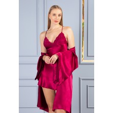 Lunoche Nightwear Kadın Güpür Dantel ve Sırt Detaylı Saten Çeyizlik Ikili Gecelik Sabahlık Takımı