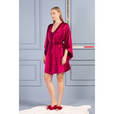 Lunoche Nightwear Kadın Güpür Dantel ve Sırt Detaylı Saten Çeyizlik Ikili Gecelik Sabahlık Takımı