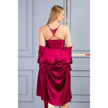 Lunoche Nightwear Kadın Güpür Dantel ve Sırt Detaylı Saten Çeyizlik Ikili Gecelik Sabahlık Takımı