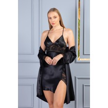 Lunoche Nightwear Kadın Güpür Dantel ve Derin Sırt Detaylı Saten Çeyizlik Ikili Gecelik Sabahlık Takımı