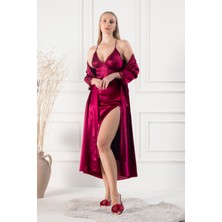 Lunoche Nightwear Kadın Güpür Dantel ve Sırt Detaylı Uzun Saten Çeyizlik Ikili Gecelik Sabahlık Takımı