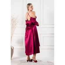 Lunoche Nightwear Kadın Güpür Dantel ve Sırt Detaylı Uzun Saten Çeyizlik Ikili Gecelik Sabahlık Takımı