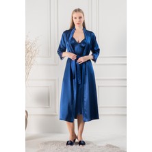 Lunoche Nightwear Kadın Güpür Dantel ve Sırt Detaylı Uzun Saten Çeyizlik Ikili Gecelik Sabahlık Takımı