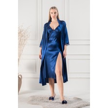 Lunoche Nightwear Kadın Güpür Dantel ve Sırt Detaylı Uzun Saten Çeyizlik Ikili Gecelik Sabahlık Takımı