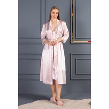 Lunoche Nightwear Kadın Güpür Dantel ve Sırt Detaylı Uzun Saten Çeyizlik Ikili Gecelik Sabahlık Takımı