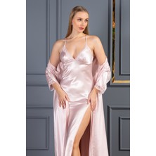 Lunoche Nightwear Kadın Güpür Dantel ve Sırt Detaylı Uzun Saten Çeyizlik Ikili Gecelik Sabahlık Takımı