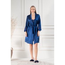 Lunoche Nightwear Kadın Güpür Dantel Detaylı Saten Çeyizlik Ikili Gecelik Sabahlık Takımı