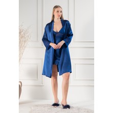 Lunoche Nightwear Kadın Güpür Dantel Detaylı Saten Çeyizlik Ikili Gecelik Sabahlık Takımı