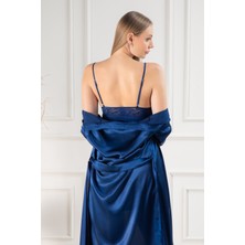 Lunoche Nightwear Kadın Güpür Dantel Detaylı Saten Çeyizlik Ikili Gecelik Sabahlık Takımı