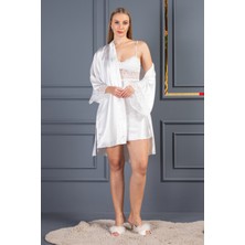 Lunoche Nightwear Kadın Güpür Dantel Detaylı Saten Çeyizlik Ikili Gecelik Sabahlık Takımı
