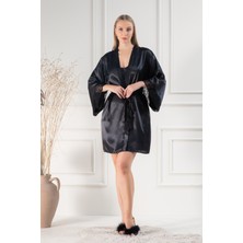 Lunoche Nightwear Kadın Güpür Dantel Detaylı Saten Çeyizlik Ikili Gecelik Sabahlık Takımı